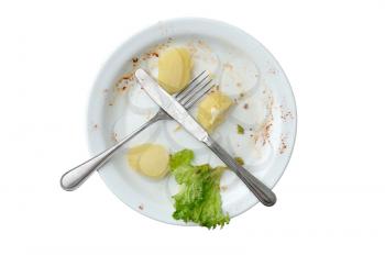 Empty plate of eaten dinner, dirty on the white background isolated