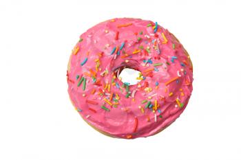 Delicious pink donut with sprinkles isolated close up