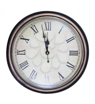 Classic wall clock with roman numbers isolated on a white background.