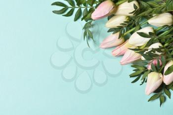Pattern with text space and tulips on a mint background. Mothers Day or March 8 holidays concept.