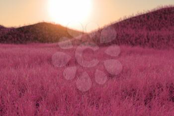 Grass field and mountains with bright background,3d rendering. Computer digital drawing.