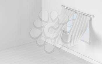 Empty room with blowing curtain, interior background, 3d rendering. Computer digital drawing.