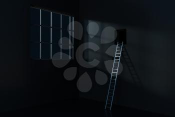 Conceptual room with a ladder lead to outside, 3d rendering. Computer digital drawing.