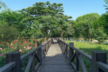 The wooden walkway in the public park. Photo in Suzhou, China.
