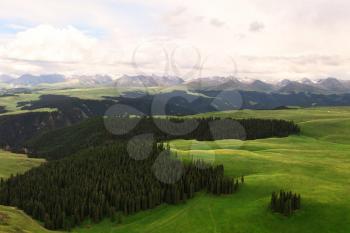 Mountain peaks and grassland are under white clouds. Shot in Xinjiang, China.