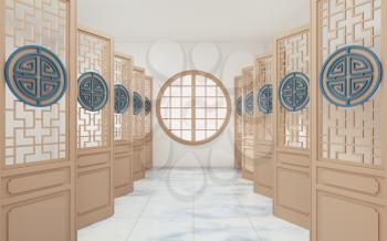 Chinese style room with white background, 3d rendering. Computer digital drawing.