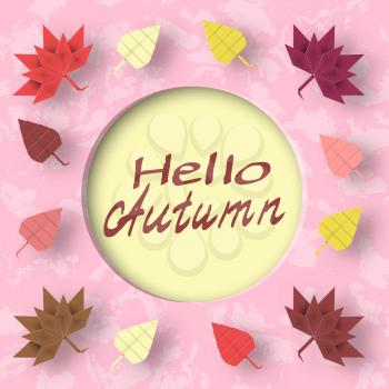Hello Autumn Paper Greeting Card Crafted Abstract Origami Concept. Cut Applique Promotion Artwork Scene with Elements, Sign, Symbols, Objects. Quality Cutout Template. Vector Illustrations Art Design.