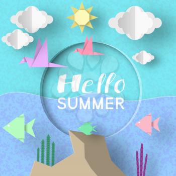Hello Summer. Paper Applique Symbols, Sign and Objects with Text illustrate the Greeting of the Summertime. Art Background. Template for Banner, Card, Logo, Poster, Label. Design Vector Illustrations.