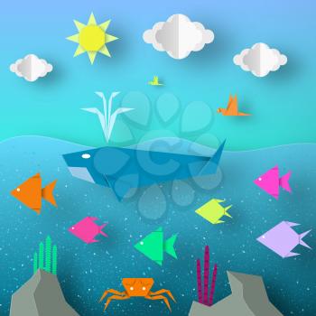 Underwater Paper Word. Undersea Life with Cut Whale, Fishes, Crab, Coral, Clouds, Sun.  Over the Sea Flying Birds. Summer Landscape. Cutout Crafted Applique. Vector Illustrations Art Design.