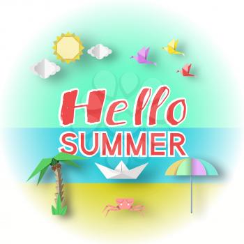 Hello Summer Conceptual Paper Art Banner, Origami Unusual Elegant Elements with Text, Unusual Decorative Stylish Background, 3D Cut Paper Objects, Vector Illustration Art Design