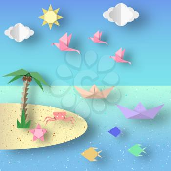 Summer Origami Sea Art Applique. Paper Crafted Cutout World. Composition with Style Elements and Symbols of Summertime. Decoration Template for Banner, Card, Logo, Poster. Design Vector Illustrations.