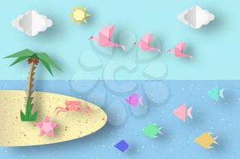 Summer Origami Fun Art Applique. Paper Crafted Cutout World. Composition with Style Elements and Symbols for Landscape. Beautiful Template for Banner, Card, Logo, Poster. Design Vector Illustrations.