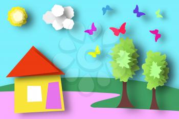 Countryside Paper World. Rural Life with Cut, House, Trees, Clouds, Sun. Over the Meadow Flying Butterflies. Summer Landscape. Cutout Applique. Hanging Elements. Vector Illustrations Art Design.