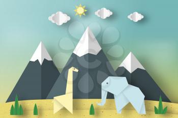 Paper Origami Concept, Applique Scene with Cut Giraffe, Mountains, Elephant, Clouds, Sun. Childish Cutout Template with Fun Elements. Toy Landscape for Card, Poster. Vector Illustrations Art Design.