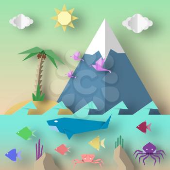 Origami Style Crafted out of Paper with Cut Birds, Whale, Crab, Octopus, Fish, Sun, Sky. Abstract Underwater Life. Template Under the Water Cutout Elements, Symbols. Vector Illustrations Art Design.