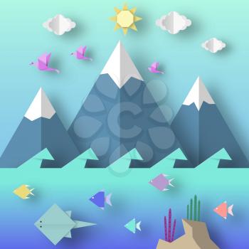Origami Style Crafted out of Paper with Cut Birds, Mountain, Fish, Sun, Clouds. Abstract Scene Underwater Life. Template Under the Water Cutout Elements, Symbols. Vector Illustrations Art Design.