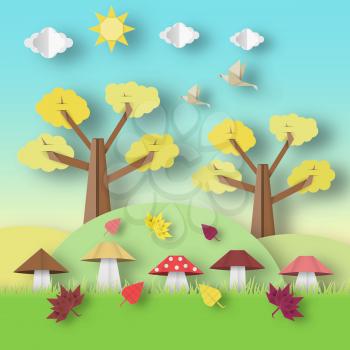 Autumn Origami Landscape with Clouds, Sun, Mushrooms, Leaves, Birds, Trees, Crafted Abstract Paper Concept. Cut Applique with Elements. Beautiful Cutout Template. Vector Illustrations Art Design.