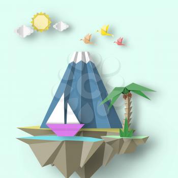Paper Origami Abstract Concept, Applique Scene with Cut Birds, Mountain, Yacht and Fly Island. Custom Artwork. Cut out Template with Elements, Symbols for Card. Vector Illustrations Art Design.