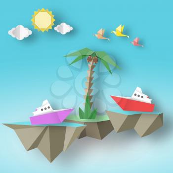 Origami Art Paper Abstract Concept, Applique Scene with Cut Birds, Steamship, Palm and 3D Fly Island. Cute Artwork. Cutout Template with Elements, Symbols for Card. Vector Illustrations Art Design.