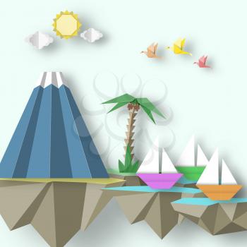 Paper Origami Abstract Concept, Applique Scene with Cut Birds, Yacht, Mountain and 3D Fly Island. Papercut Exotic Artwork. CutOut Template with Elements, Symbols for Card. Vector Illustration Art Design.