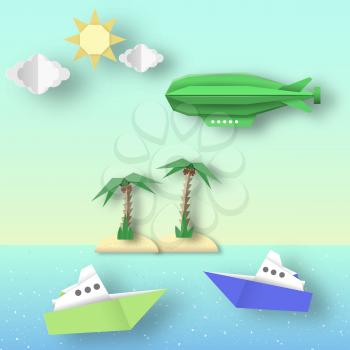 Paper Origami Airship Flies over the Sea and the Island. Cut Landscape Scene. Kids Dirigible, Palm, Ship, Island, Clouds, Sun. Papercut Style. Cutout Trend. Vector Graphics Illustrations Art Design.