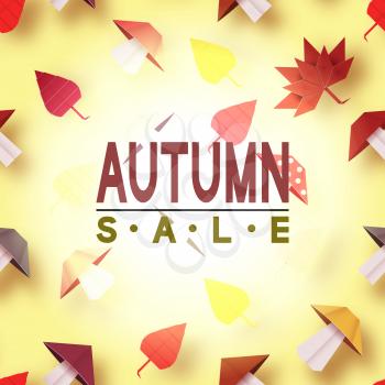 Paper Origami Autumn Sale Discount Card for Fall Season. Vector Graphics Illustrations Art Design. Cut Elements with Typographic Text illustrate the Advertising Coupon. Papercut Style. Cutout Trend. 