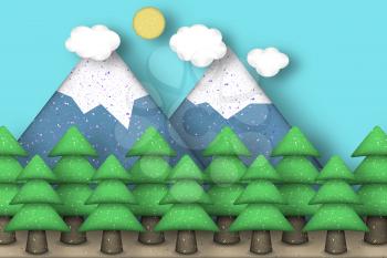 Cut Applique Scene with Pines, Mountains, Clouds, Sun Style Paper Origami Concept. Cutout Template with Elements, Symbols. Modeling Landscape for Card, Poster. Vector Illustrations Art Design.