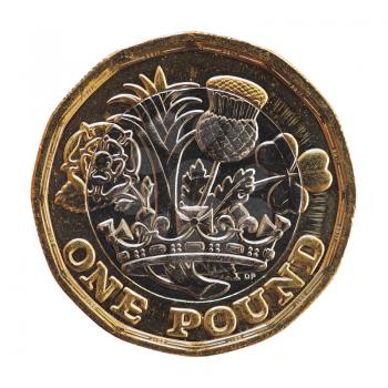 1 pound coin money (GBP), currency of United Kingdom isolated over white background