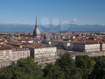 Turin skyline panorama seen from the hills surrounding the city