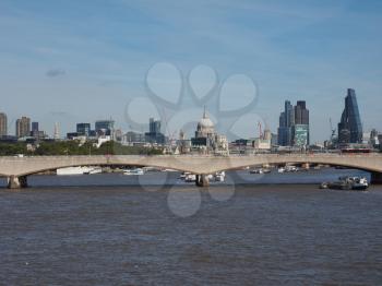 Waterloo Bridge over River Thames in London, UK seen from the Jubilee Bridge