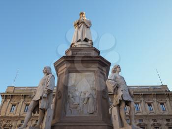 Monument to Leonardo da Vinci in Piazza della Scala (meaning La Scala square) designed by sculptor Pietro Magni in 1872 in Milan, Italy