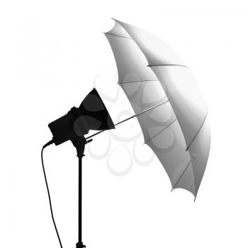 Light umbrella reflector used in photographic studio set isolated over white background