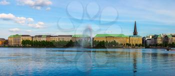 Binnenalster (meaning Inner Alster lake) with Alster Fountain, high resolution wide panoramic view in Hamburg, Germany