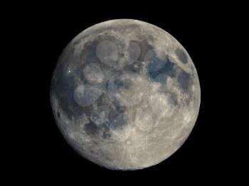 Full moon seen with an astronomical telescope, high resolution composite stacked colour image, improved contrast
