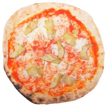 Italian Artichoke Pizza (Pizza ai Carciofi) with vegetables - isolated over a white background