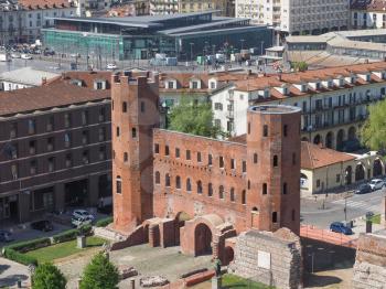 Aerial view of Palatine towers aka Porte Palatine, ruins of ancient roman town gates in Turin
