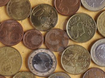 Euro coins currency of the European Union flat lay on a desktop