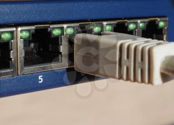 Modem router switch with ports for RJ45 plug in LAN local area network ethernet connection