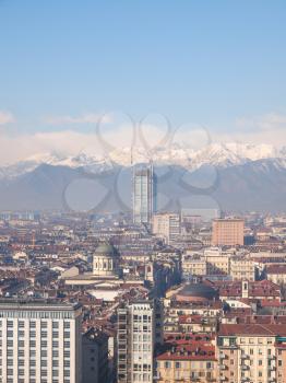 Turin skyline panorama seen from the hills surrounding the city