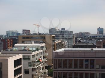 Aerial view of the city skyline seen from Hafencity in Hamburg, Germany