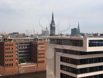 Aerial view of the city skyline seen from Hafencity in Hamburg, Germany