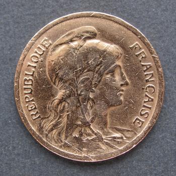Vintage France coin with the French republic represented as a beautiful woman
