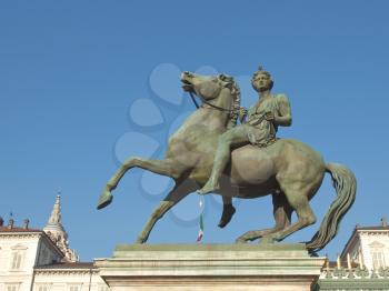 Ancient baroque statue of Woman on a horse in front of Palazzo Reale (The Royal Palace) in Turin Italy