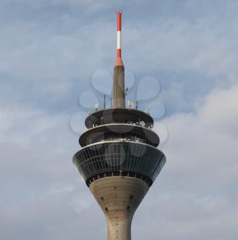 Duesseldorf Rheinturm telecommunications tower over blue sky