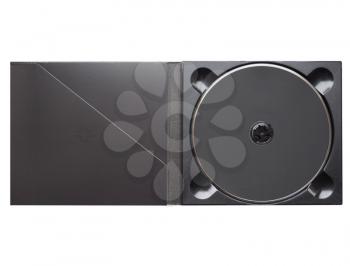 Black CD or DVD in digipack slim case isolated over white