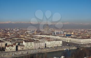 Aerial view of the city of Turin, Italy seen from the hill