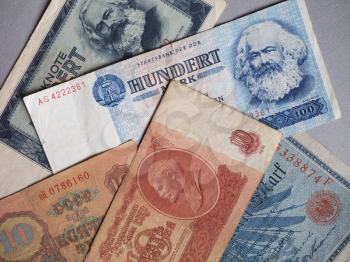 Vintage withdrawn banknotes of Soviet Union, German Democratic Republic and German Empire