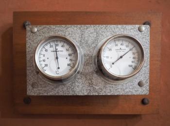 vintage analog thermometer and hygrometer to measure air temperature and relative humidity (air vapour) - text in Italian