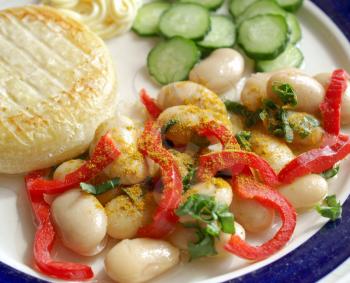 Vegetarian main dish, cheese, mayonnaise, curry beans, peppers and cucumbers