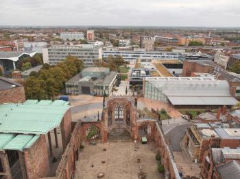 Panoramic view of the city of Coventry with cathedral ruins, England, UK